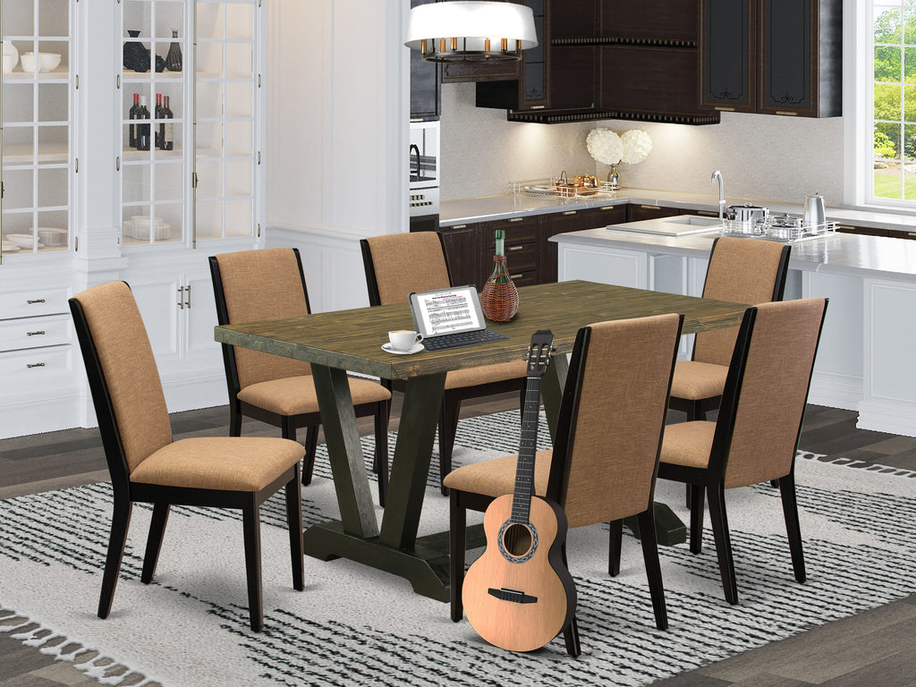 V676LV6F9-9 Elegant 7-Piece Dining Ensemble, Rectangle Table with V-Legs, Light Sable Upholstery