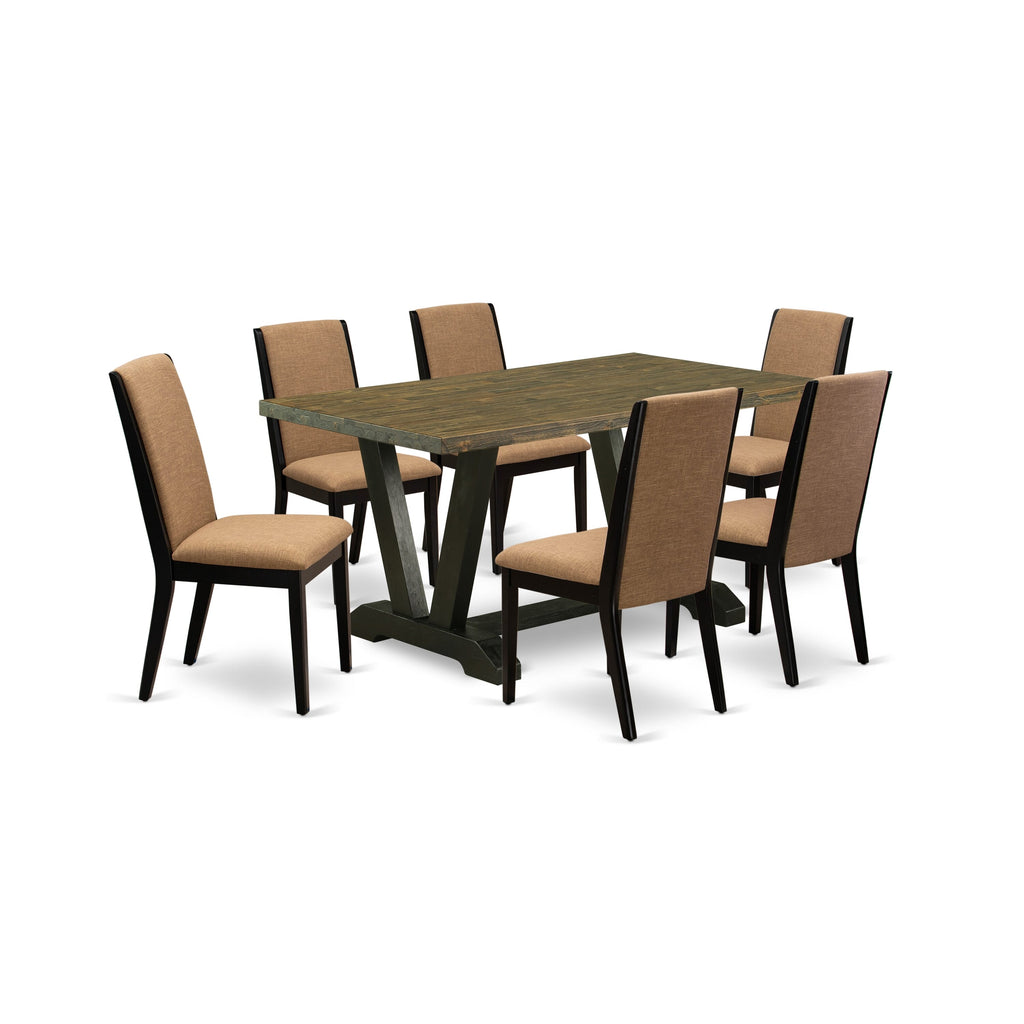 V676LV6F9-9 Elegant 7-Piece Dining Ensemble, Rectangle Table with V-Legs, Light Sable Upholstery