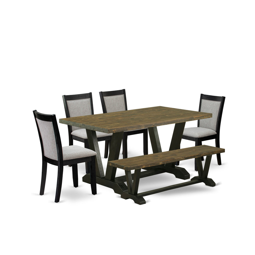 V676MUGFS-7 Elegant 7-Piece Dining Set with V-Legs Rectangle Table with Shitake Fabric Chairs & Bench, 36x60 Multi-Color