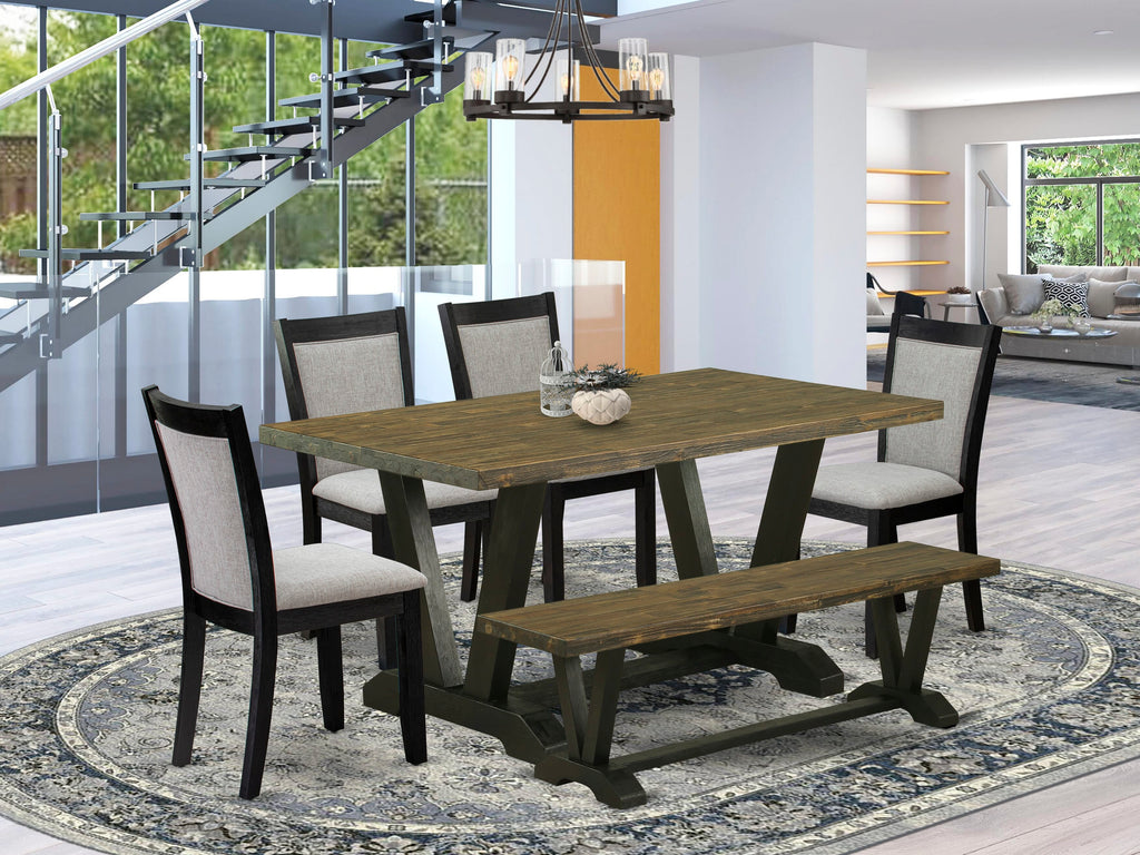 V676MUGFS-7 Elegant 7-Piece Dining Set with V-Legs Rectangle Table with Shitake Fabric Chairs & Bench, 36x60 Multi-Color