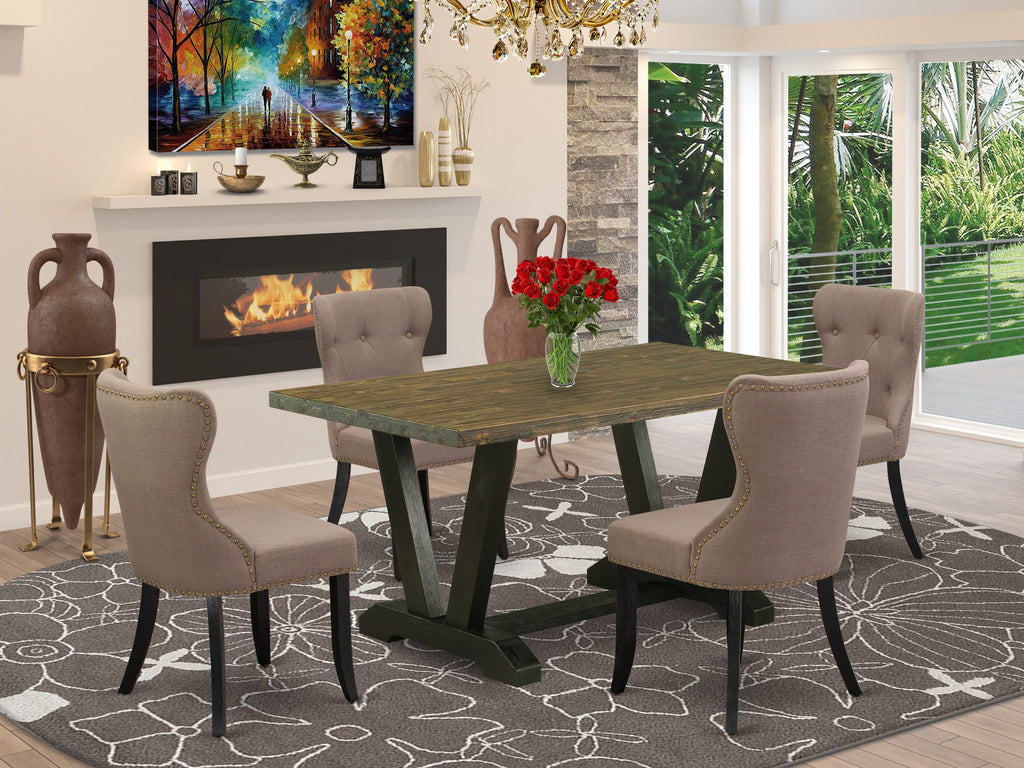V676SHZEF-Y 5-Piece Stylish Dining Set with Signature V-Leg Rectangle Table and 4 Fabric Chairs, Multi-Tone