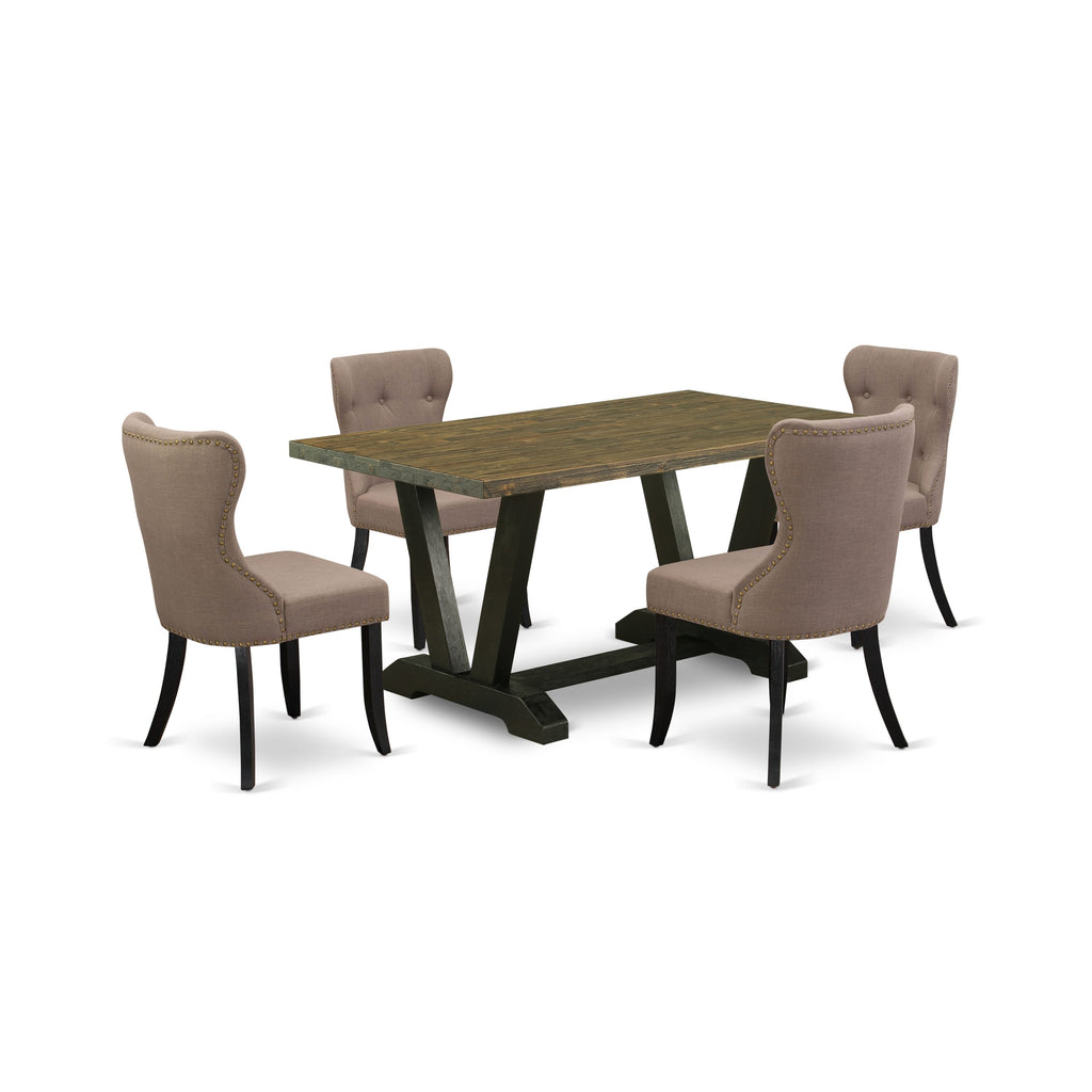 V676SHZEF-Y 5-Piece Stylish Dining Set with Signature V-Leg Rectangle Table and 4 Fabric Chairs, Multi-Tone