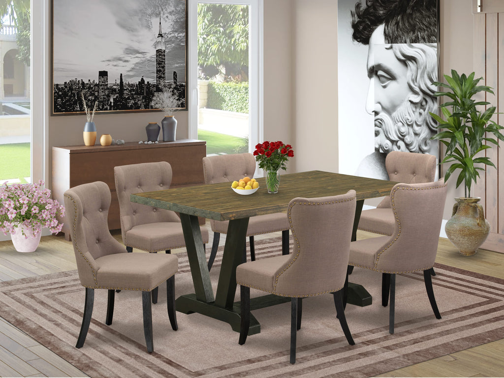 Dining Set with V676S6BPE-J 7-Piece Ensemble Featuring V-Leg Table & 6 Upholstered Chairs in Multi-Colors