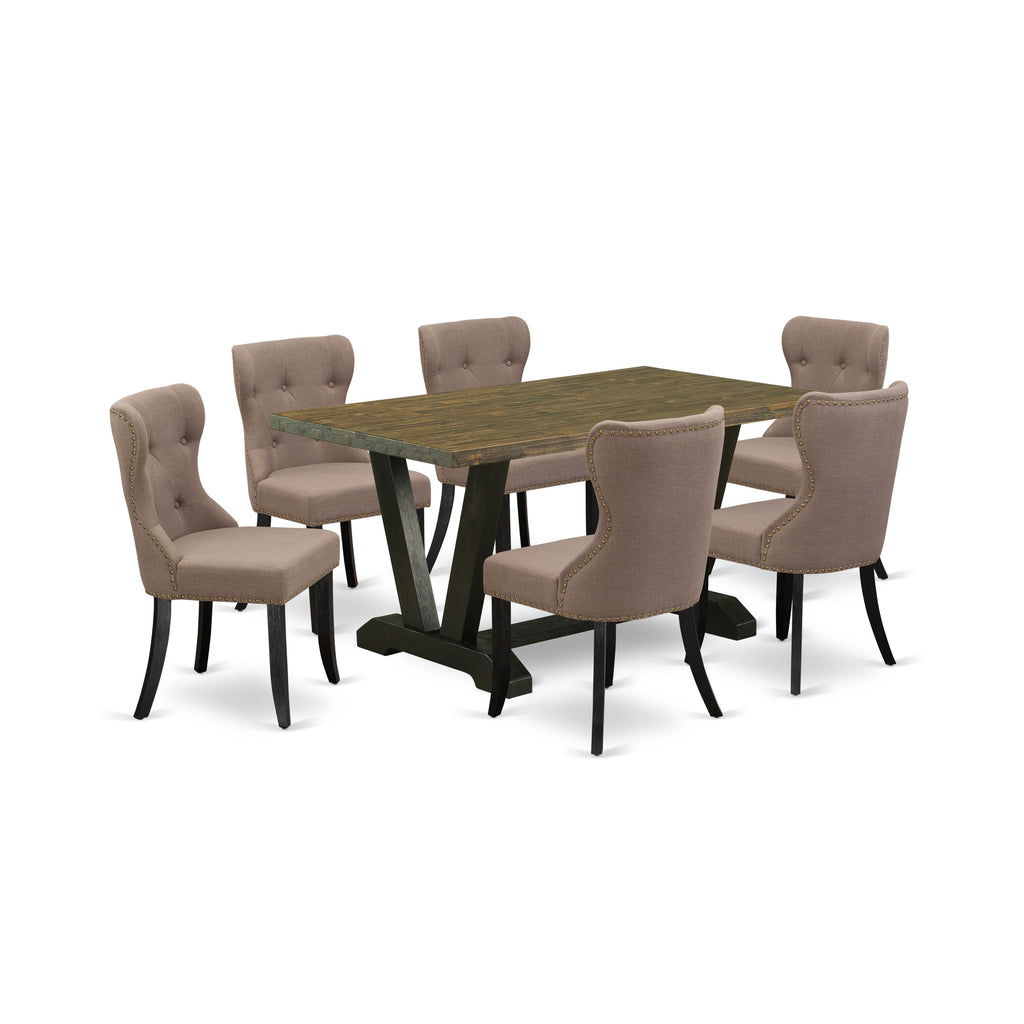 Dining Set with V676S6BPE-J 7-Piece Ensemble Featuring V-Leg Table & 6 Upholstered Chairs in Multi-Colors