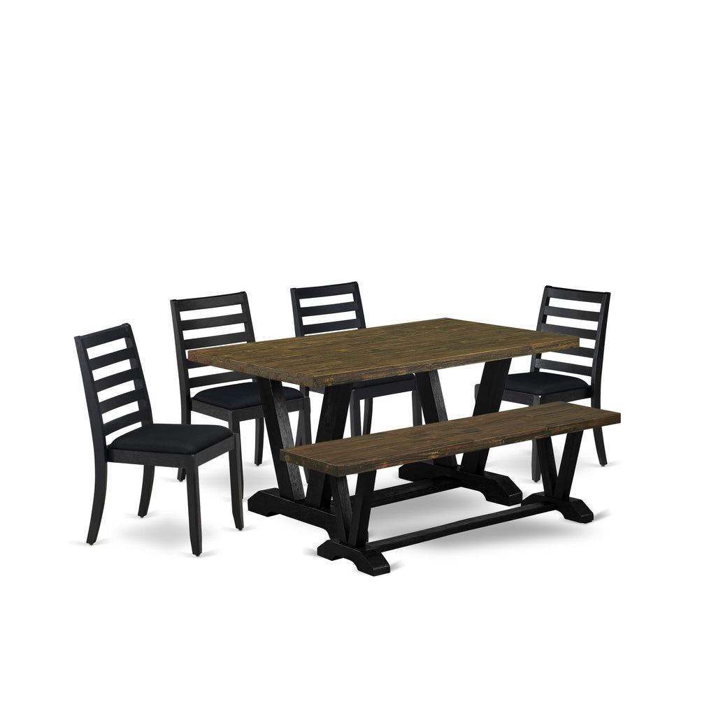 V676XGR9M-0 6-Piece Dining Ensemble Chic Table, Bench & 4 Chairs, Distressed Jacobean and Black Linen Style