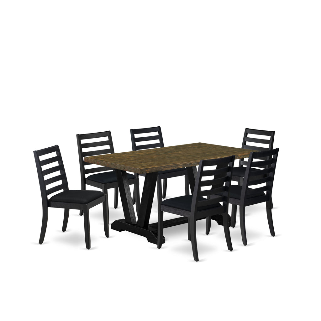 V676XIK7B-A Exclusive 7-Piece Dining Set Jacobean Top Table & Stackable Chairs with Black Linen