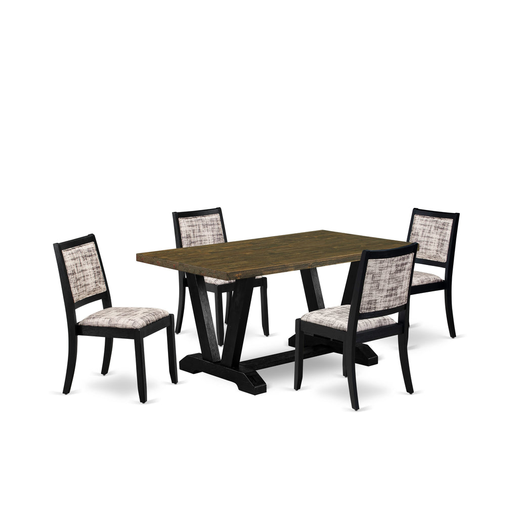 V676XXC1Q-U Stylish 5-Piece Dining Set Distressed Jacobean Wood Table & 4 Chic Stackable Chairs with Faux Leather in White and Gray - Wire-Brushed Black Finish