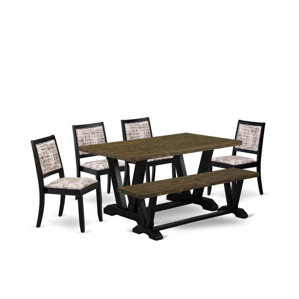 V676XEDXV-C Elegant 6-Piece Dining Ensemble with Distressed Jacobean Surface and Faux Leather Seating in White & Gray