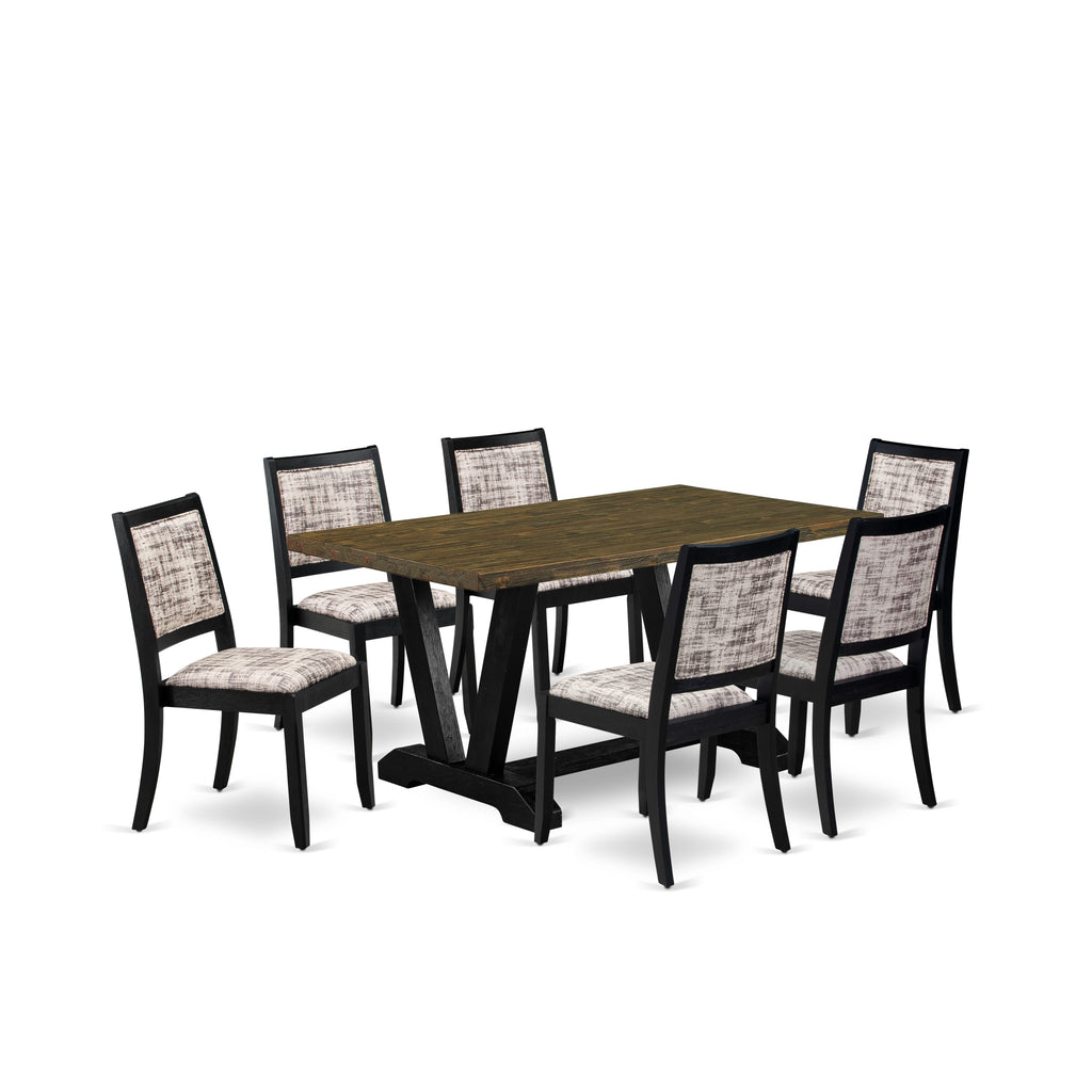 V676X42OA-1 7-Piece Dining Collection Breakfast Table with Distressed Jacobean Top & Six Gray White Faux Leather Chairs