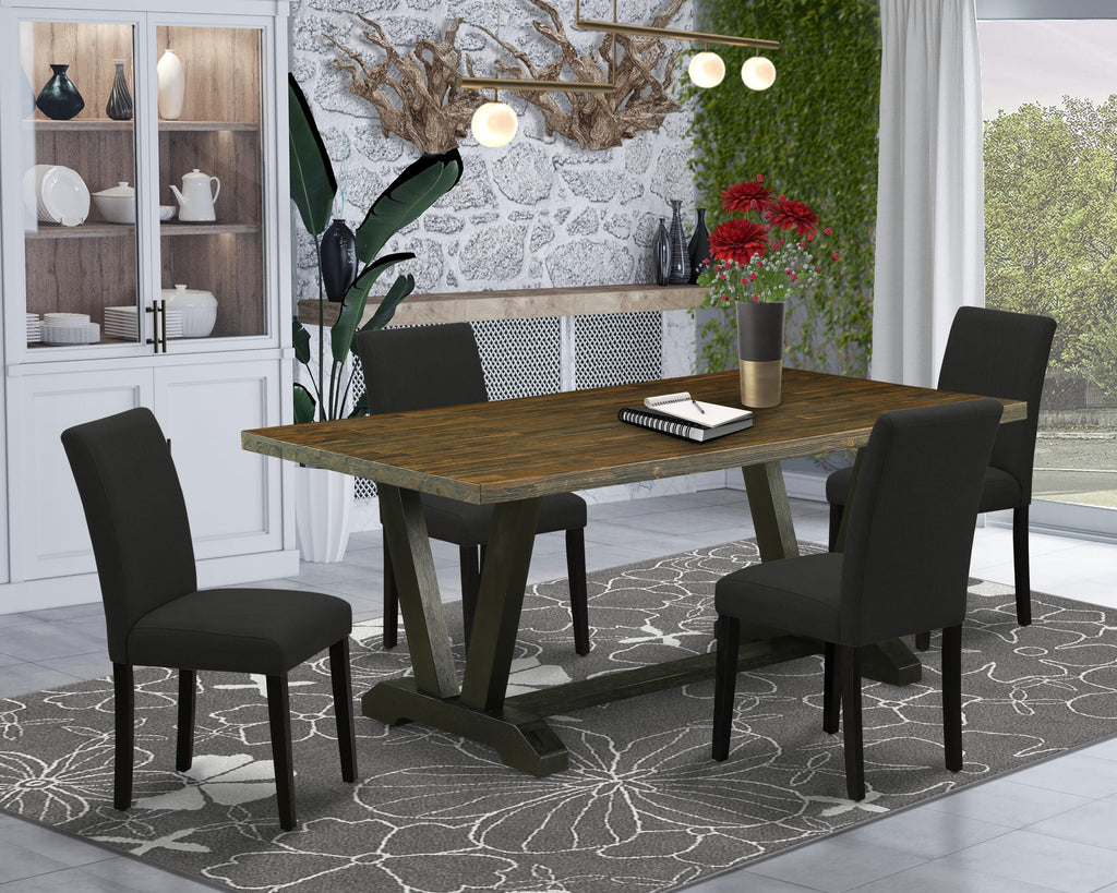 V677AFWFG-X 5-Piece Set Rectangular Dining Table with V-Legs & Four Black Linen Parsons Chairs, 40 x 72 Multi-Color