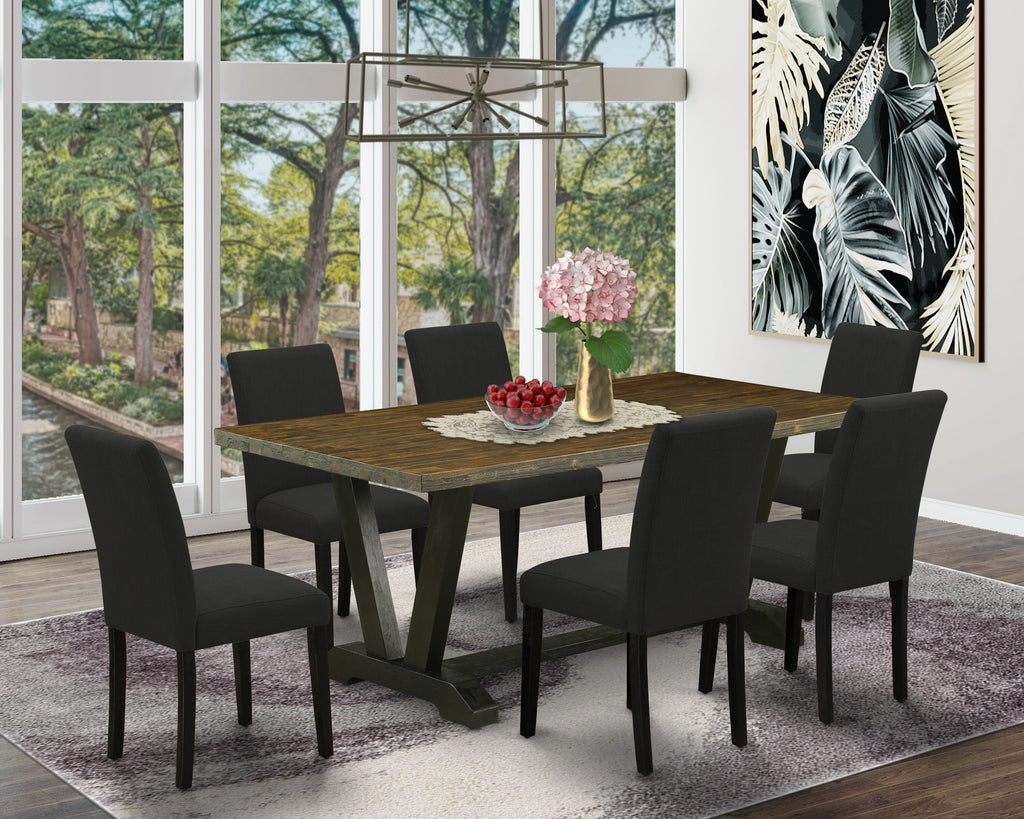 V677AVYIG-6 Elegant 7-Piece Dining Ensemble Featuring Rectangle Table with V-Legs and Six Black Upholstered Linen Chairs, 40x72 Inch, Multi-Tone