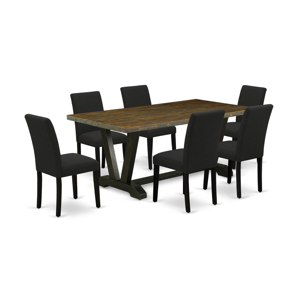 V677AVYIG-6 Elegant 7-Piece Dining Ensemble Featuring Rectangle Table with V-Legs and Six Black Upholstered Linen Chairs, 40x72 Inch, Multi-Tone
