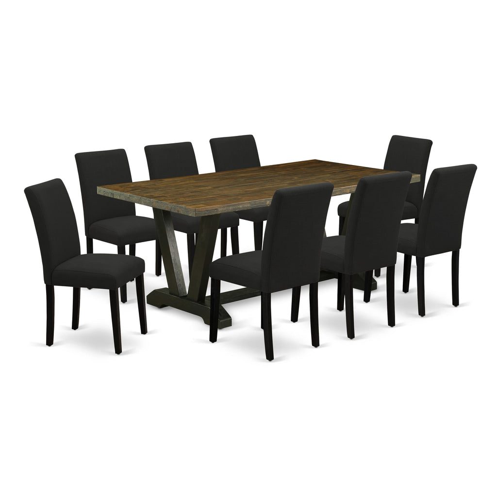V677AD9PV-Y 9-Piece Dining Collection with V-Leg Rectangular Table & Black Upholstered Parson Chairs, Multi-Toned