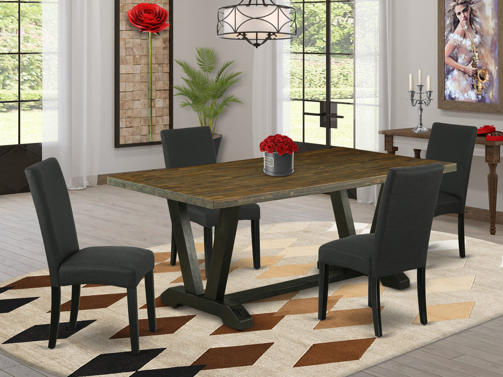 V677DE2TN-Z 5-Piece Dining Set with V-Leg Rectangle Table and 4 Black Linen Parsons Chairs, Multi-Colored