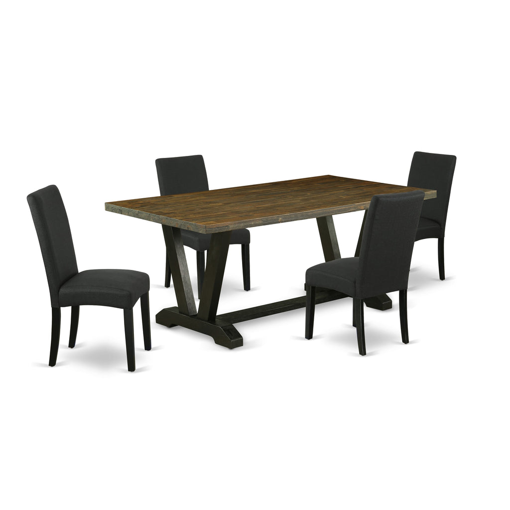 V677DE2TN-Z 5-Piece Dining Set with V-Leg Rectangle Table and 4 Black Linen Parsons Chairs, Multi-Colored