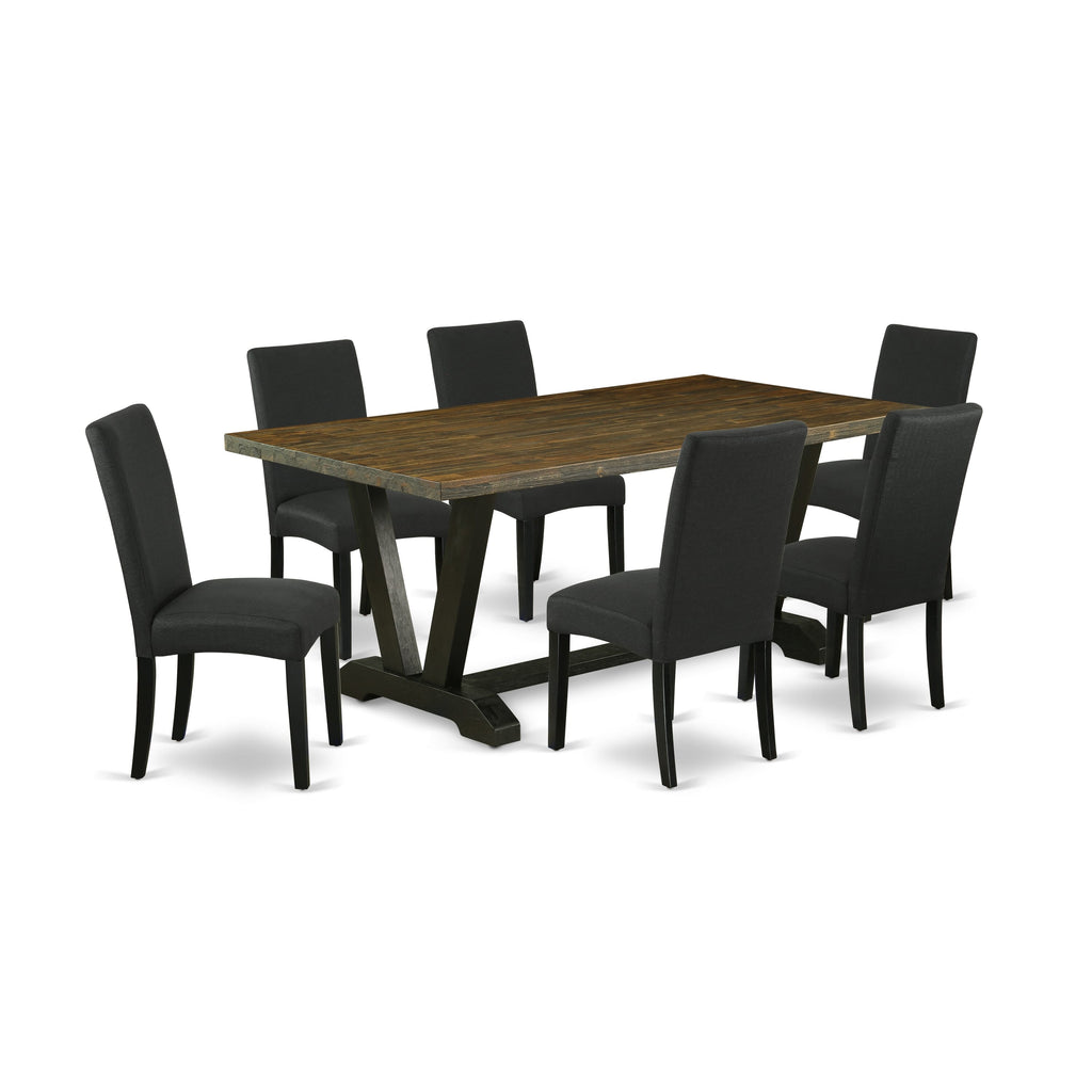 V677D6PT4-G V-Leg Rectangle Dining Table Set with 6 Black Upholstered Chairs, 40x72 Inch, Multi-Color, 7 Pieces