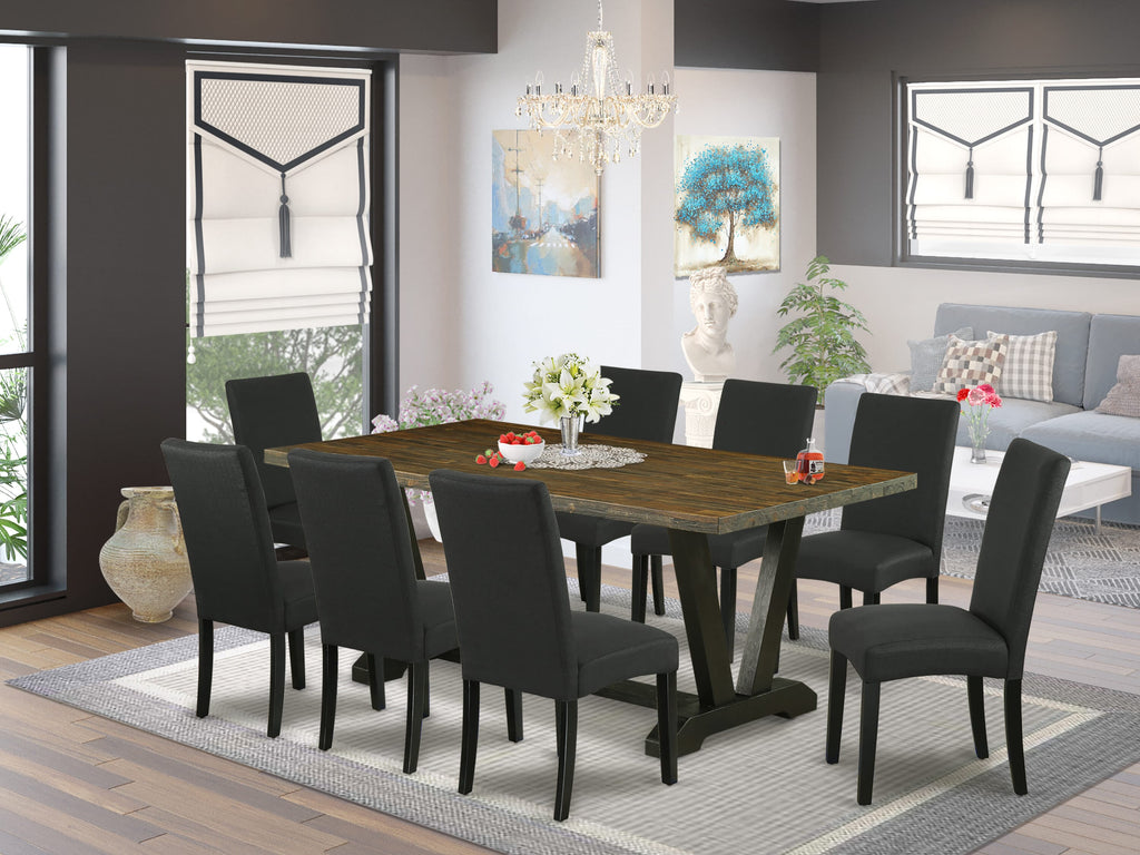V677DVE2Z-J 9-Piece Multi-Color Dining Set Rectangular Table with V-Legs and 8 Black Linen Upholstered Chairs, 40x72 inch
