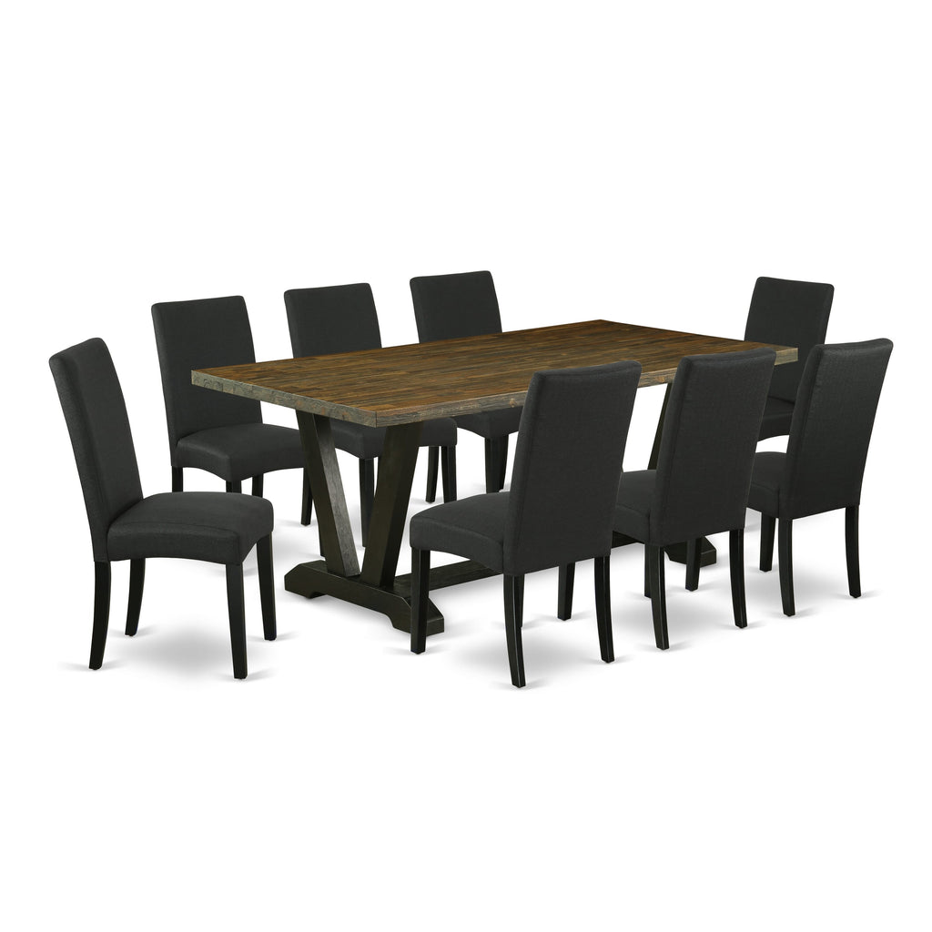 V677DVE2Z-J 9-Piece Multi-Color Dining Set Rectangular Table with V-Legs and 8 Black Linen Upholstered Chairs, 40x72 inch