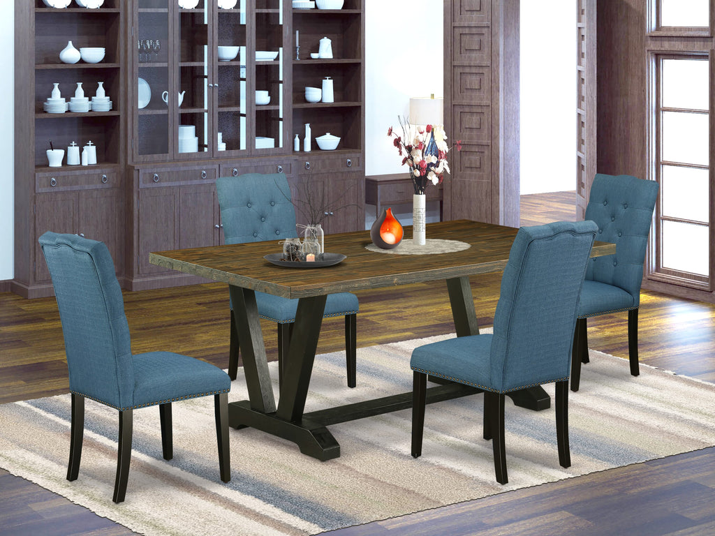 V677EFN8E-R 5-Piece Dining Ensemble Rectangular Wooden Table with V-Shape Legs & 4 Blue Linen Parsons Chairs, 40x72