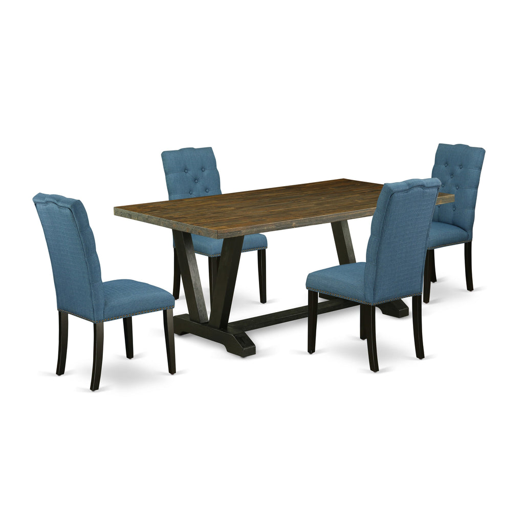 V677EFN8E-R 5-Piece Dining Ensemble Rectangular Wooden Table with V-Shape Legs & 4 Blue Linen Parsons Chairs, 40x72
