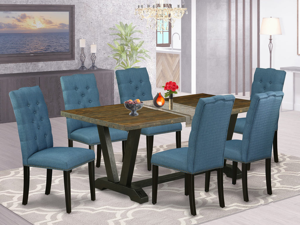 Elevate Dining with V677EPB8Y-3 7 Pc Set Rectangular Table V-Legs & 6 Blue Linen Parson Chairs