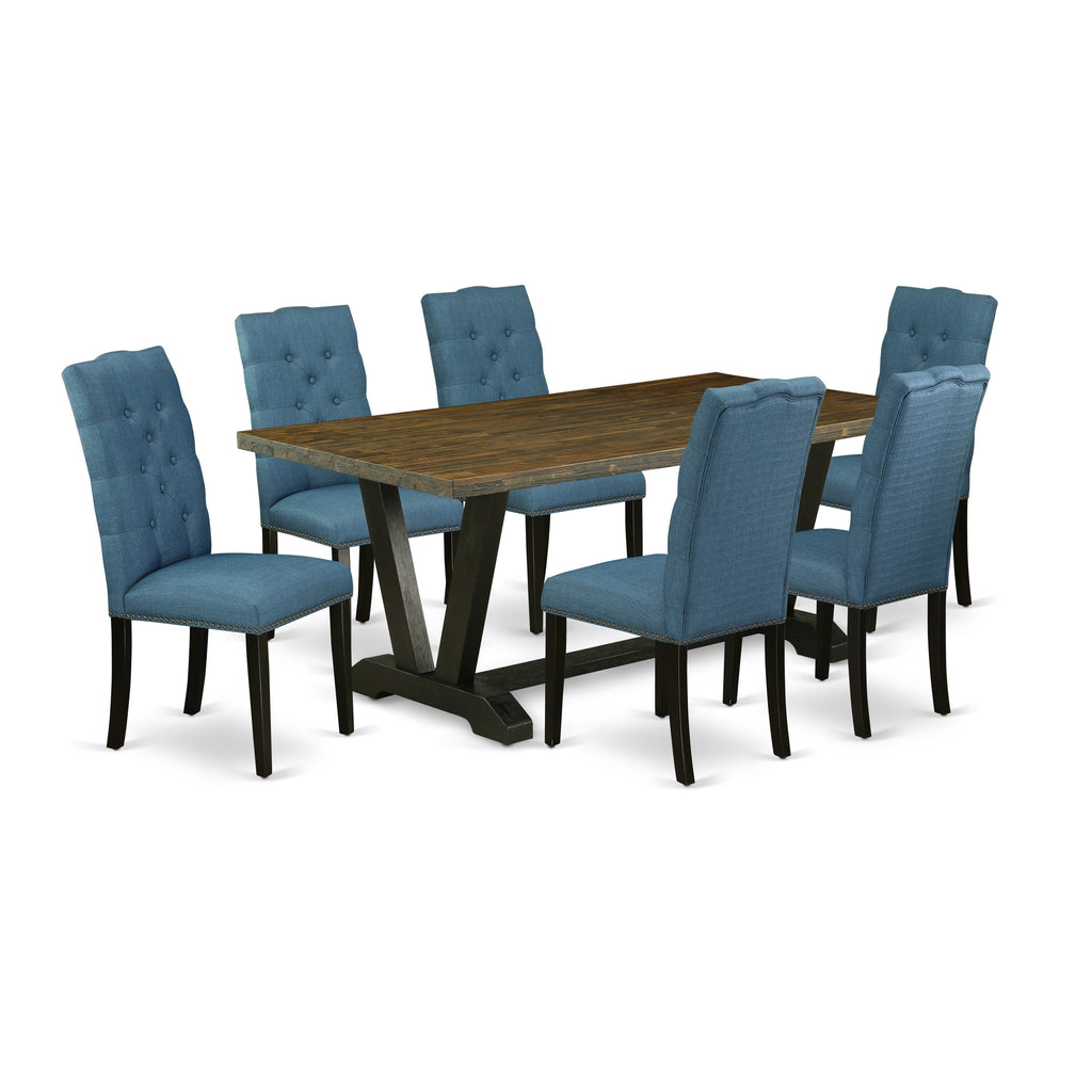 Elevate Dining with V677EPB8Y-3 7 Pc Set Rectangular Table V-Legs & 6 Blue Linen Parson Chairs