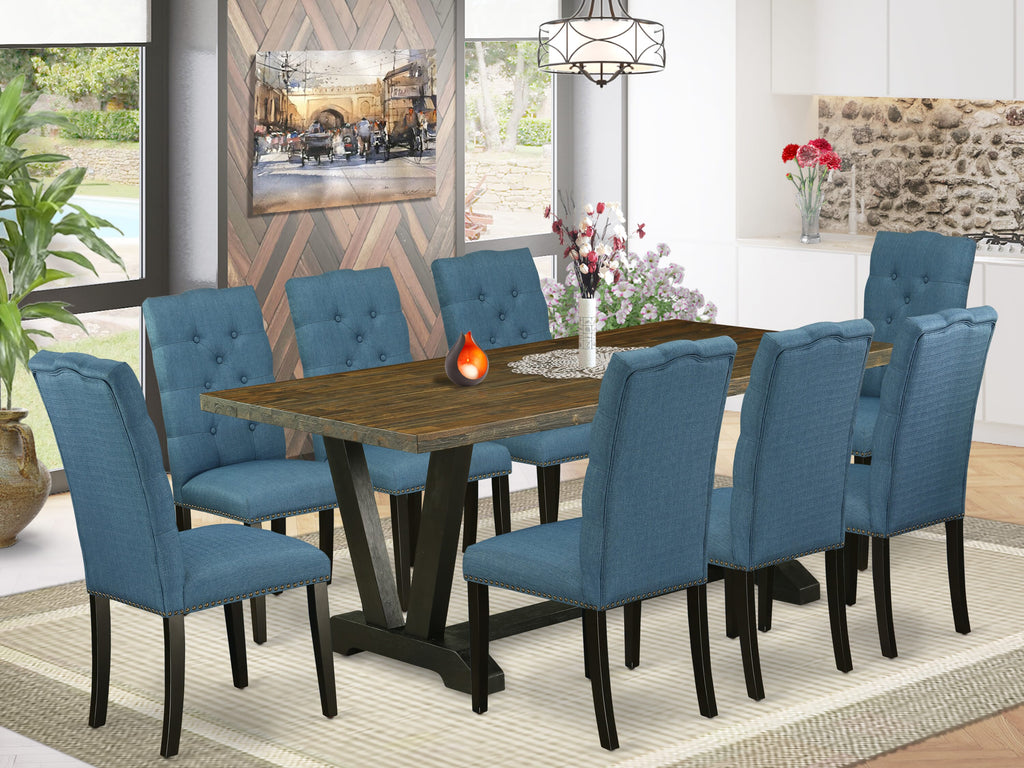V677EOPZ0-Q 9-Piece V-Leg Dining Set with 8 Blue Linen Parson Chairs and 40x72 Table