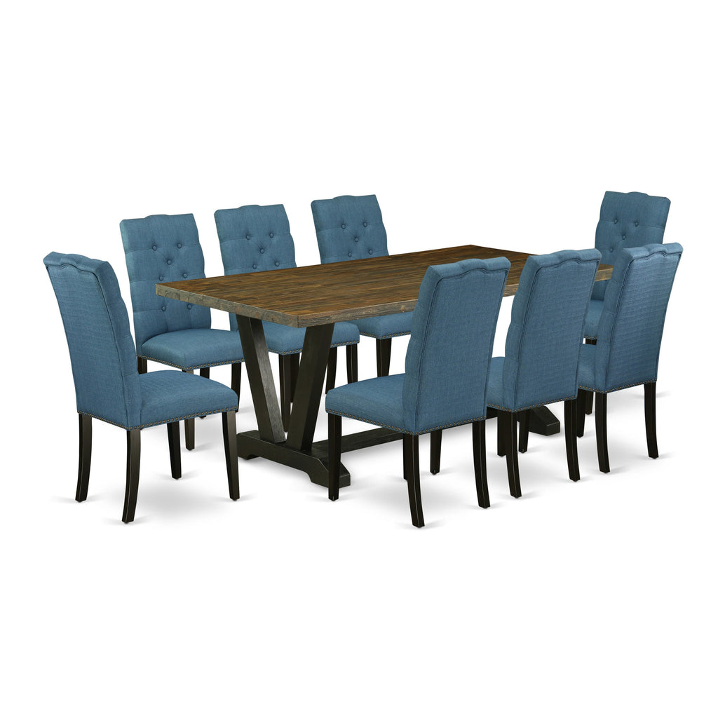 V677EOPZ0-Q 9-Piece V-Leg Dining Set with 8 Blue Linen Parson Chairs and 40x72 Table