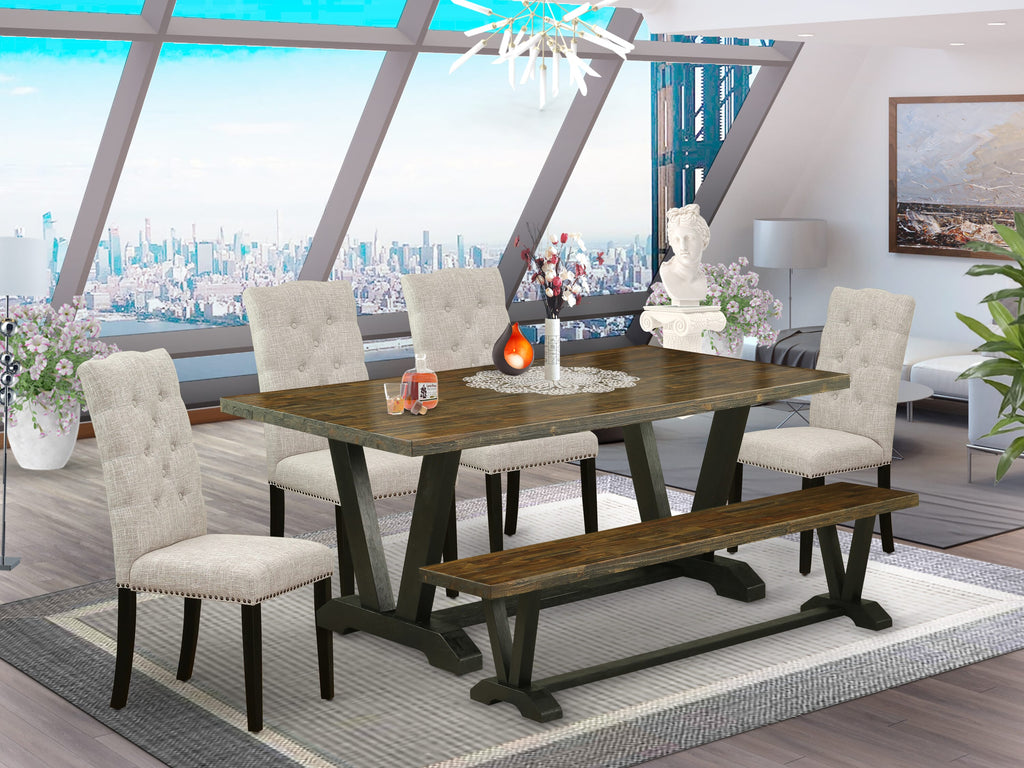 V677E0BLB-U Dining Suite 6-Piece Rectangular Table with V-Legs, 4 Linen Seats & Bench, Multi-Color