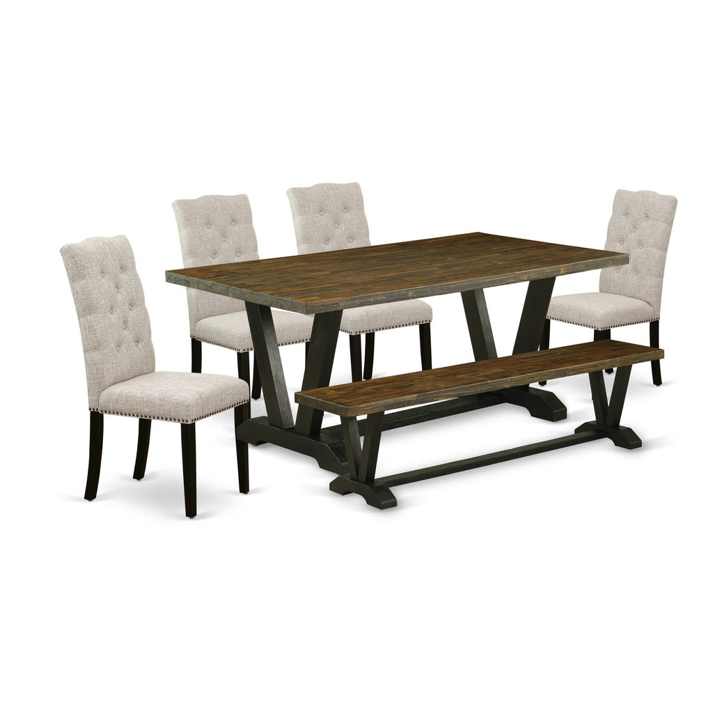 V677E0BLB-U Dining Suite 6-Piece Rectangular Table with V-Legs, 4 Linen Seats & Bench, Multi-Color