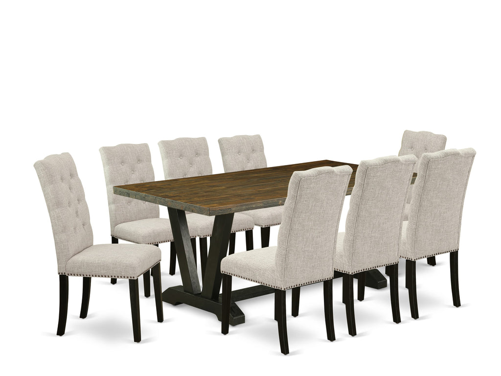V677EJHNO-D 9-Piece Dining Ensemble Rectangular Table with V-Style Legs & 8 Doeskin Parson Chairs, Multicolor