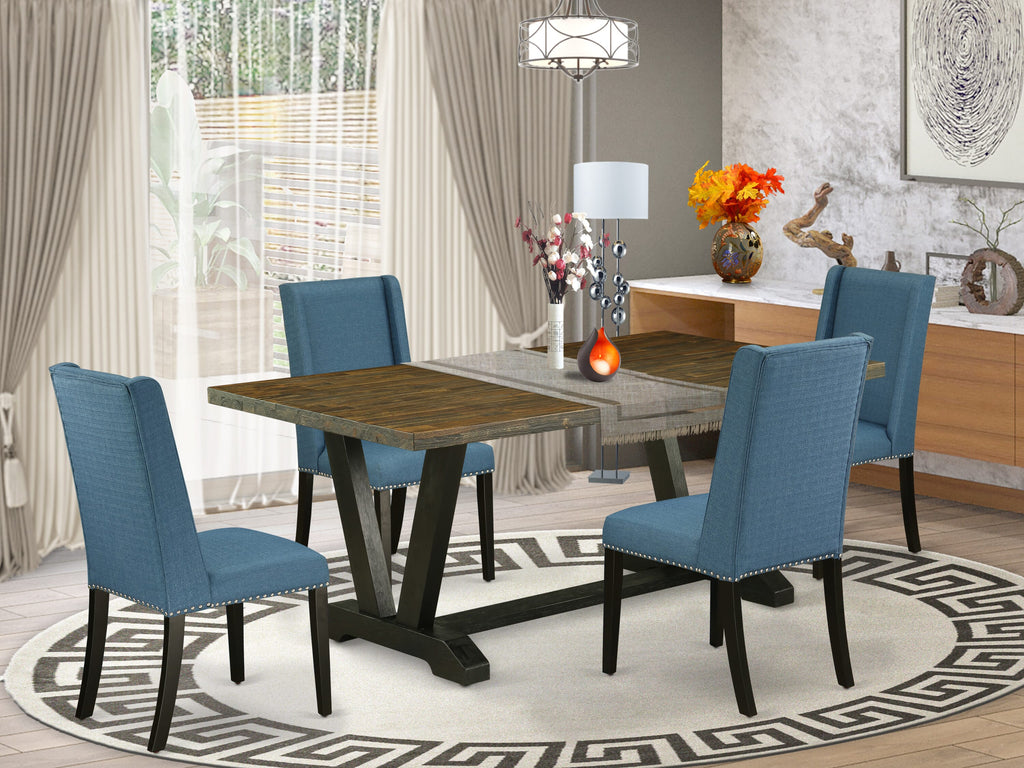 V677FFF8U-M 5 Piece Dining Set with Rectangular Table, V-Leg Design & Comfortable Blue Parson Chairs, 40x72