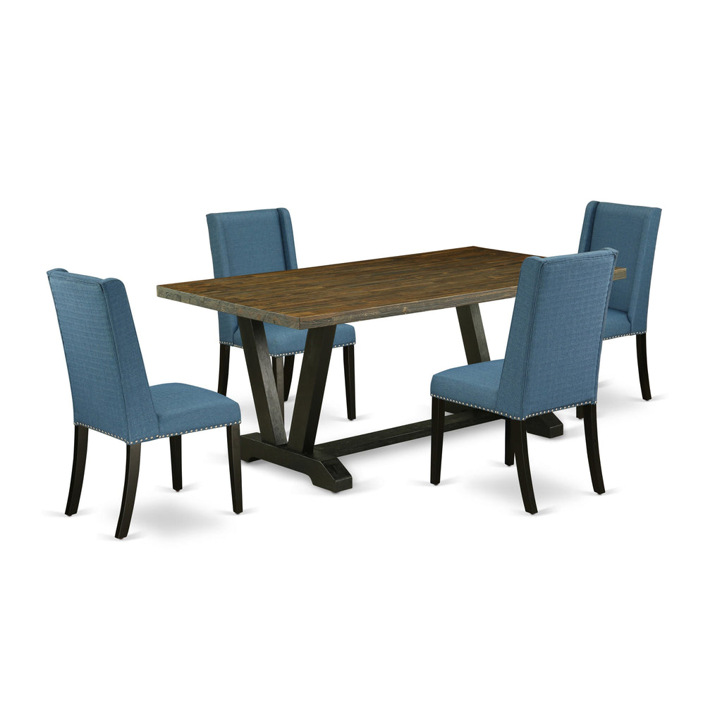 V677FFF8U-M 5 Piece Dining Set with Rectangular Table, V-Leg Design & Comfortable Blue Parson Chairs, 40x72