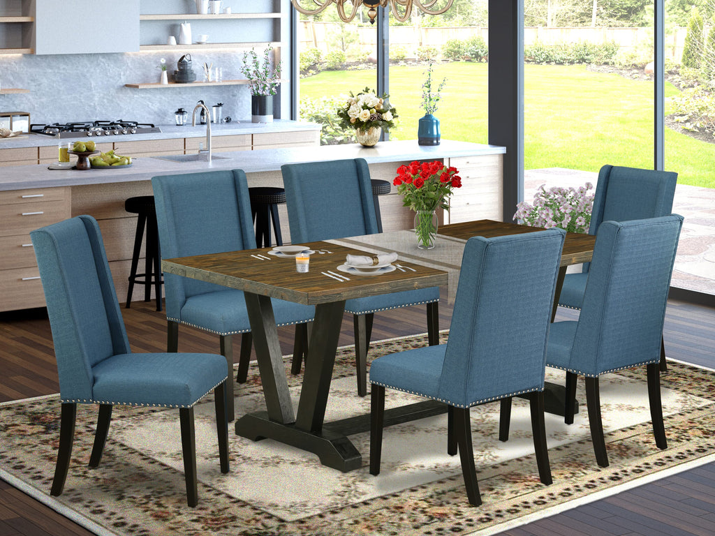 V677FLB9S-3 7-Piece Modern Dining Ensemble with Rectangular V-Leg Table & Six Blue Upholstered Chairs