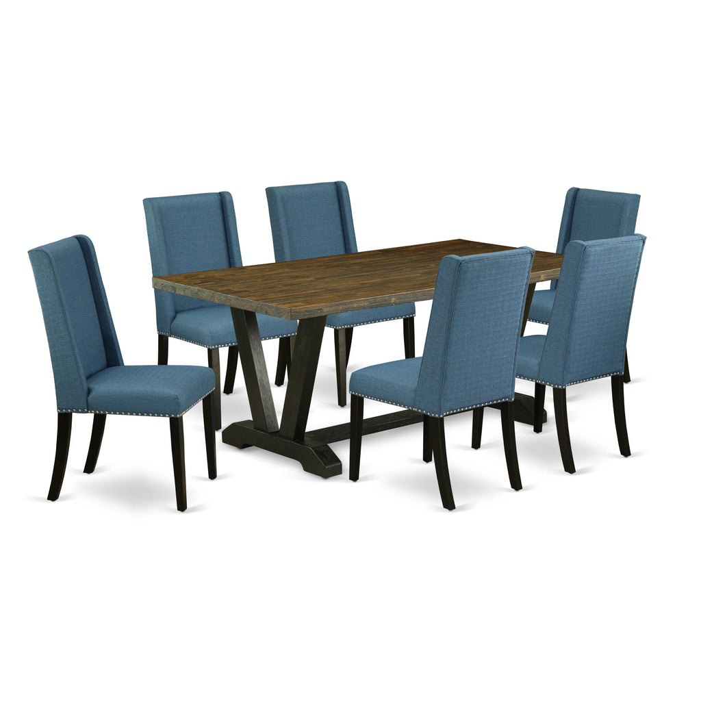 V677FLB9S-3 7-Piece Modern Dining Ensemble with Rectangular V-Leg Table & Six Blue Upholstered Chairs