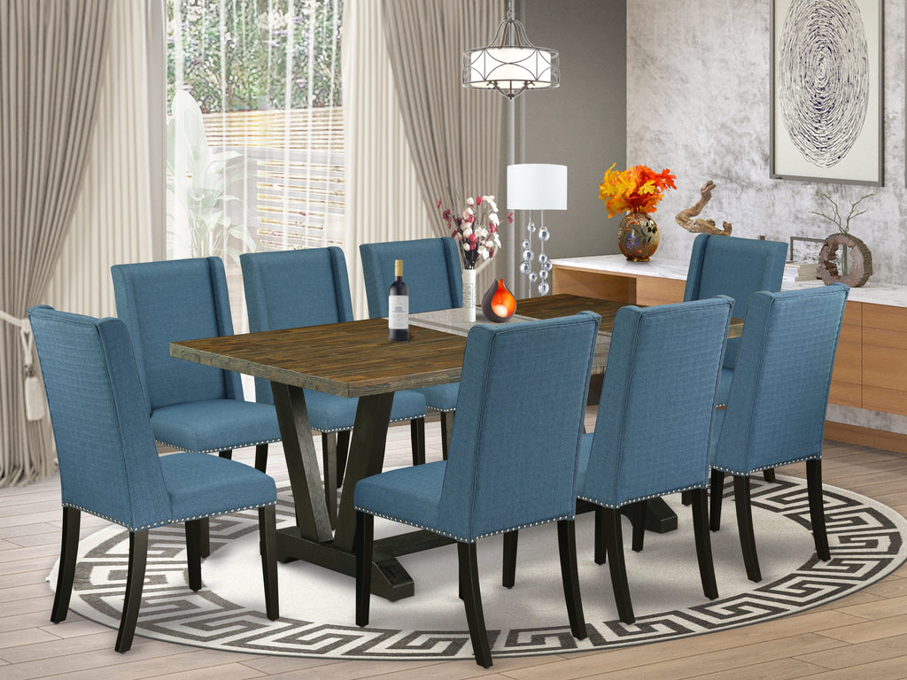 V677FQI7J-E 9-Piece Dining Set with Rectangle Table and 8 Blue Upholstered Seats, Multi-Color