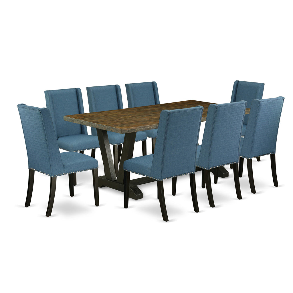 V677FQI7J-E 9-Piece Dining Set with Rectangle Table and 8 Blue Upholstered Seats, Multi-Color