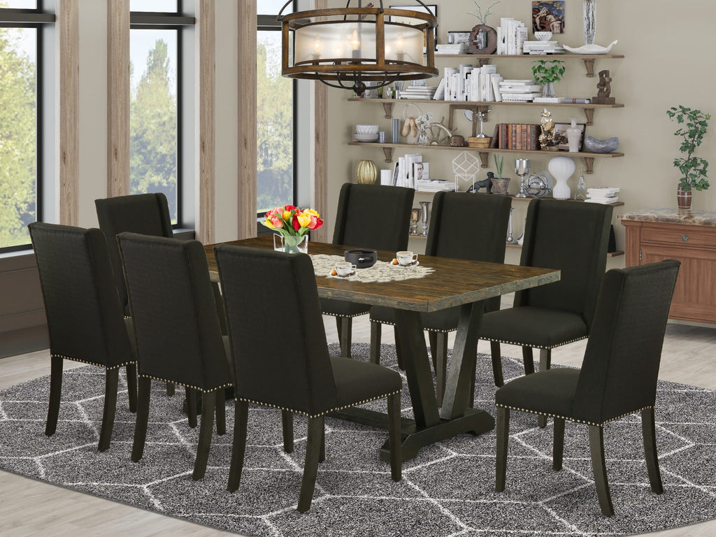 9-Piece Dining Ensemble V677FGAJU-7 Rectangular Table with V-Legs & 8 Black Linen Parsons Chairs