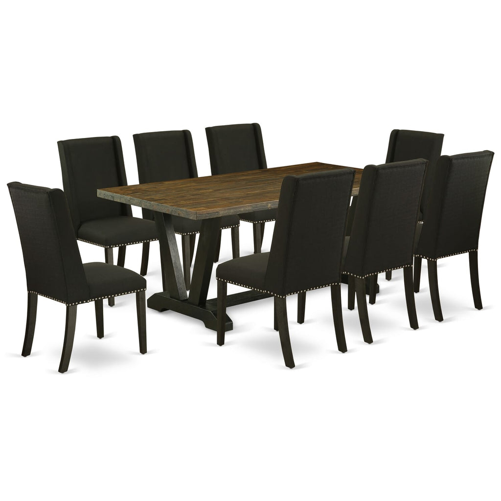 9-Piece Dining Ensemble V677FGAJU-7 Rectangular Table with V-Legs & 8 Black Linen Parsons Chairs