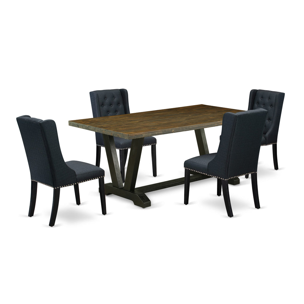 V677FZCL3-8 Spacious Dining Ensemble with Rectangular Wooden Table and Sophisticated Black Linen Chairs