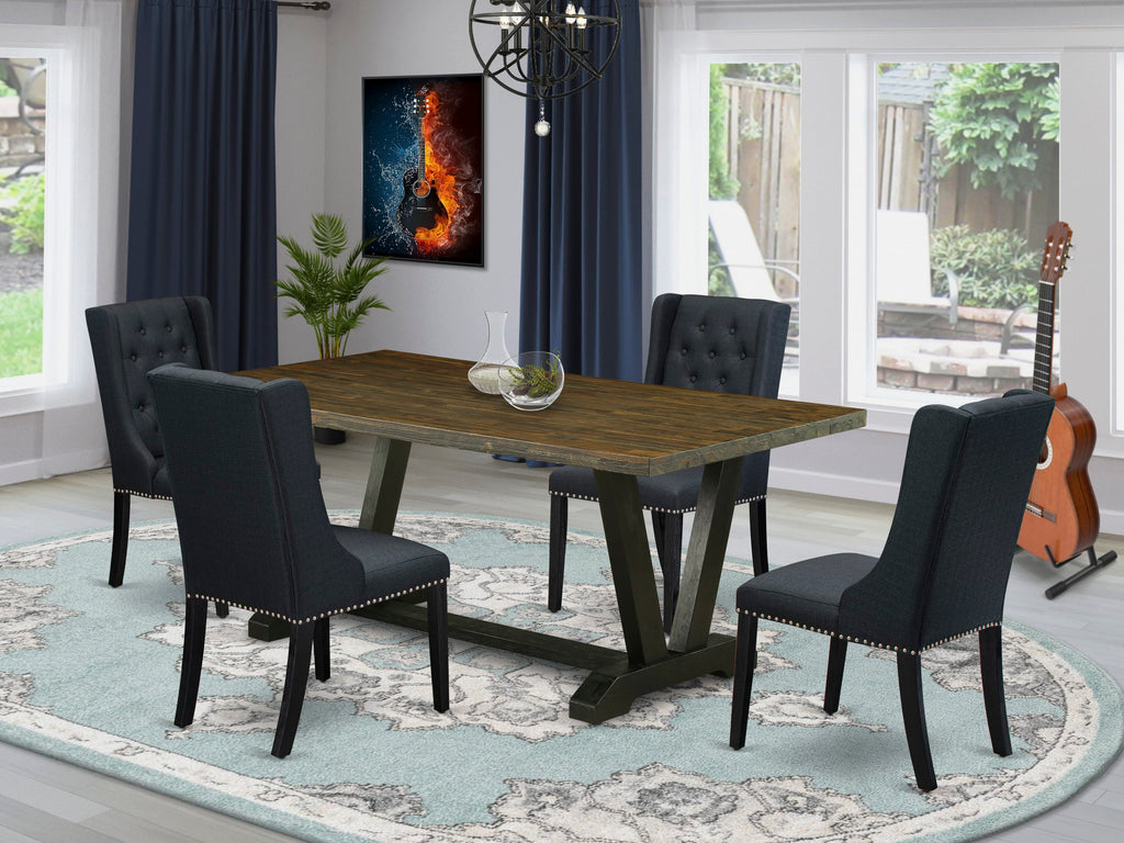 V677FZCL3-8 Spacious Dining Ensemble with Rectangular Wooden Table and Sophisticated Black Linen Chairs