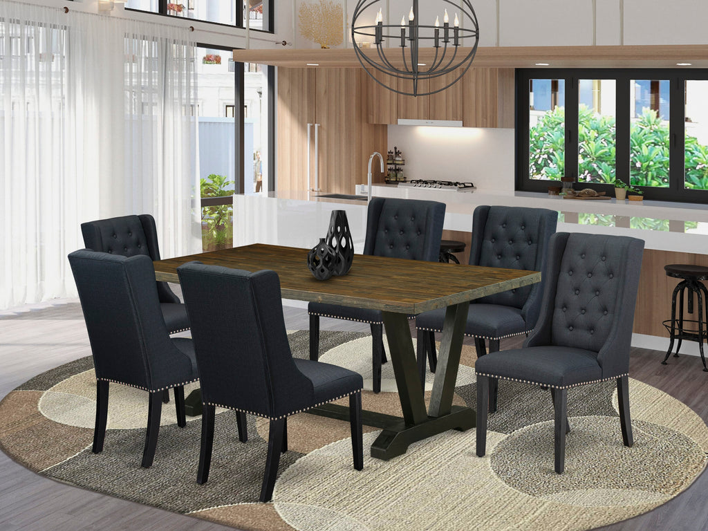 V677FW4RA-B 7-Piece Dining Collection Expansive Rectangle Wood Table with Stylish V-Legs and Six Elegant Black Parson Chairs in Multi-Tone