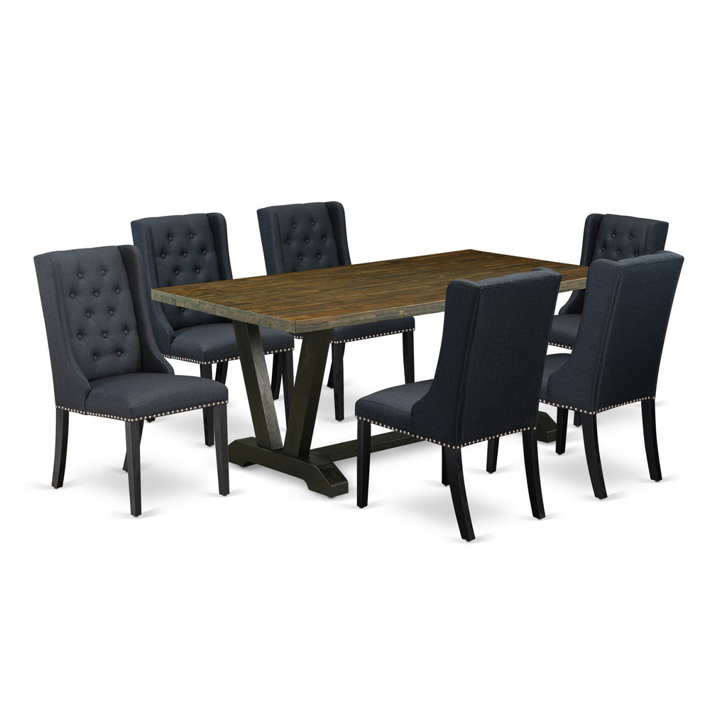 V677FW4RA-B 7-Piece Dining Collection Expansive Rectangle Wood Table with Stylish V-Legs and Six Elegant Black Parson Chairs in Multi-Tone