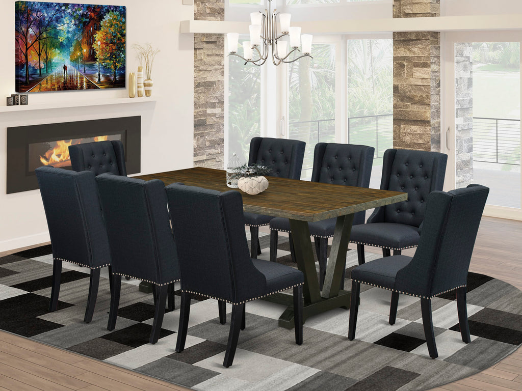 V677F2W10-D 9-Piece Dining Ensemble with V-Leg Table and 8 Black Upholstered Chairs, Multi-Hued, 40x72”