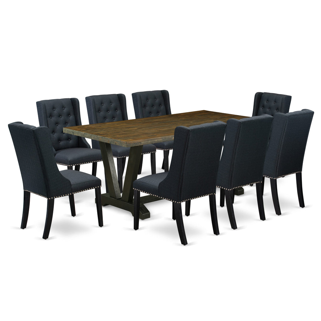 V677F2W10-D 9-Piece Dining Ensemble with V-Leg Table and 8 Black Upholstered Chairs, Multi-Hued, 40x72”