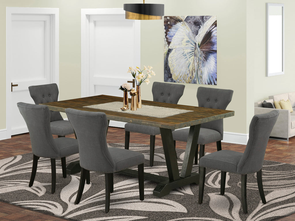 V677GWJB6-E Dining Set Rectangle Table with V-Legs and 6 Upholstered Chairs, 40x72, Multi-Color Elegance