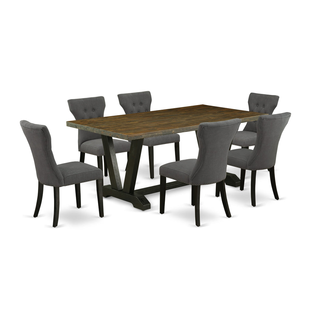 V677GWJB6-E Dining Set Rectangle Table with V-Legs and 6 Upholstered Chairs, 40x72, Multi-Color Elegance