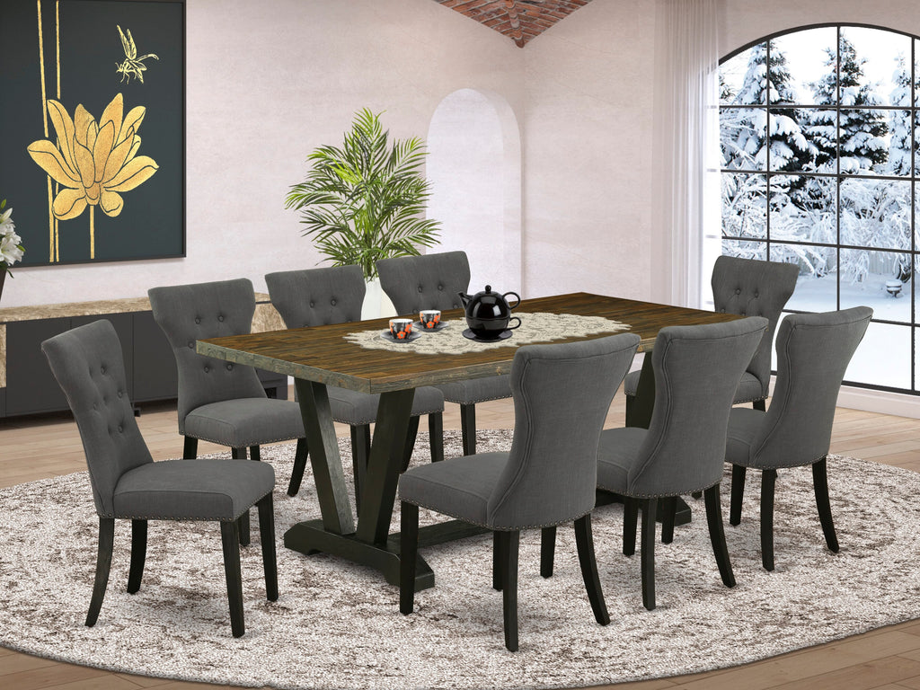 V677GK1NV-J Luxe Dining Ensemble 9-Piece Set with Rectangular V-Leg Table & 8 Gotham Linen Chairs