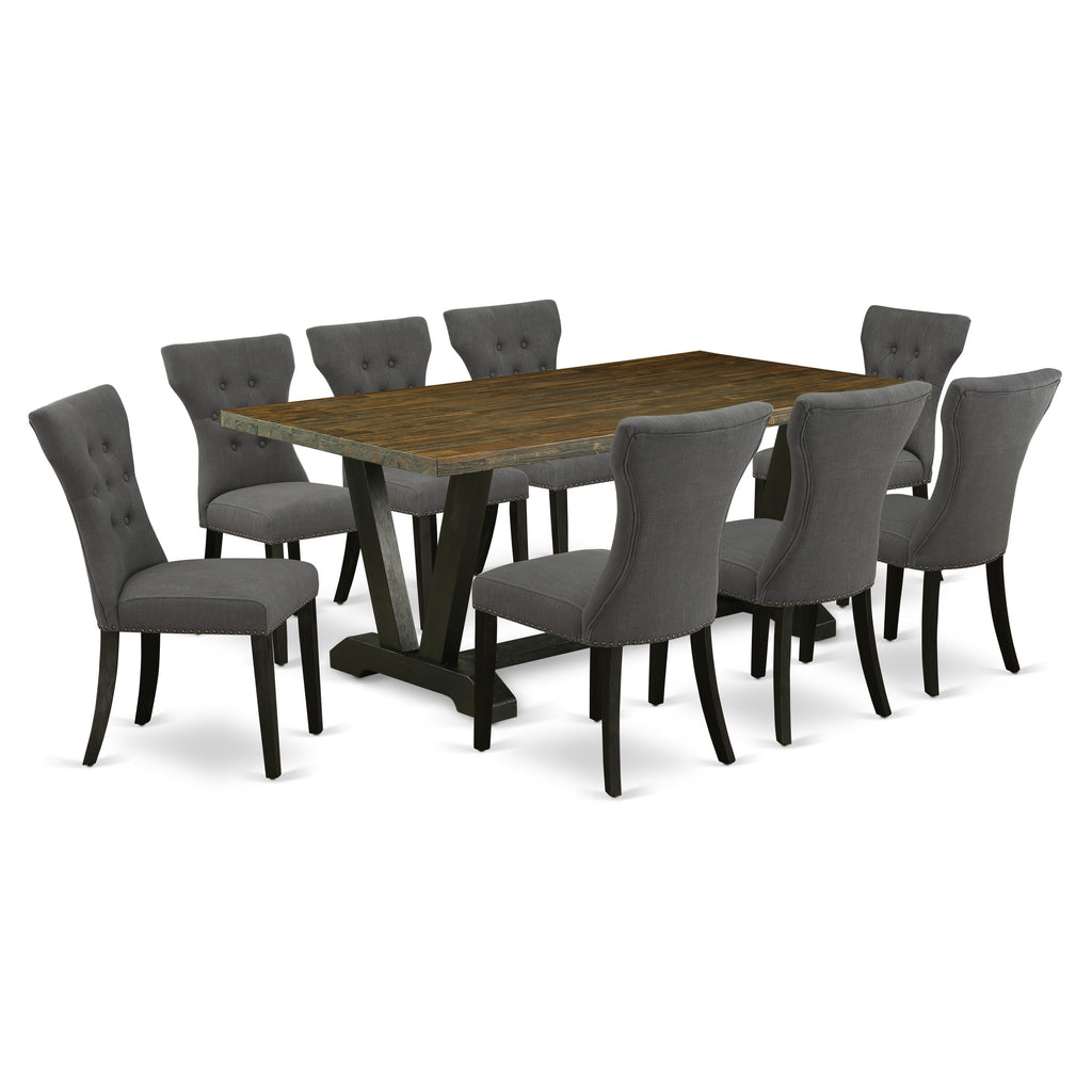 V677GK1NV-J Luxe Dining Ensemble 9-Piece Set with Rectangular V-Leg Table & 8 Gotham Linen Chairs