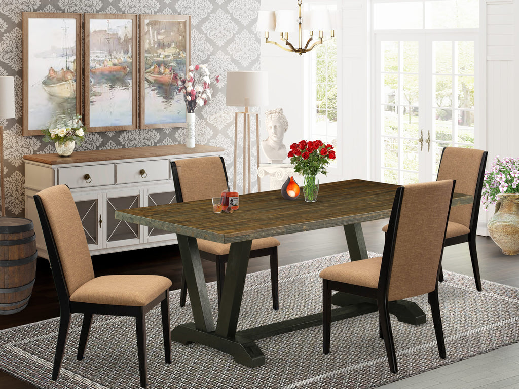 V677LYNFS-2 Dining Set with 4 Sable Linen Chairs and V-Leg Rectangular Table, 40x72 Inch, Multicolor for Kitchen